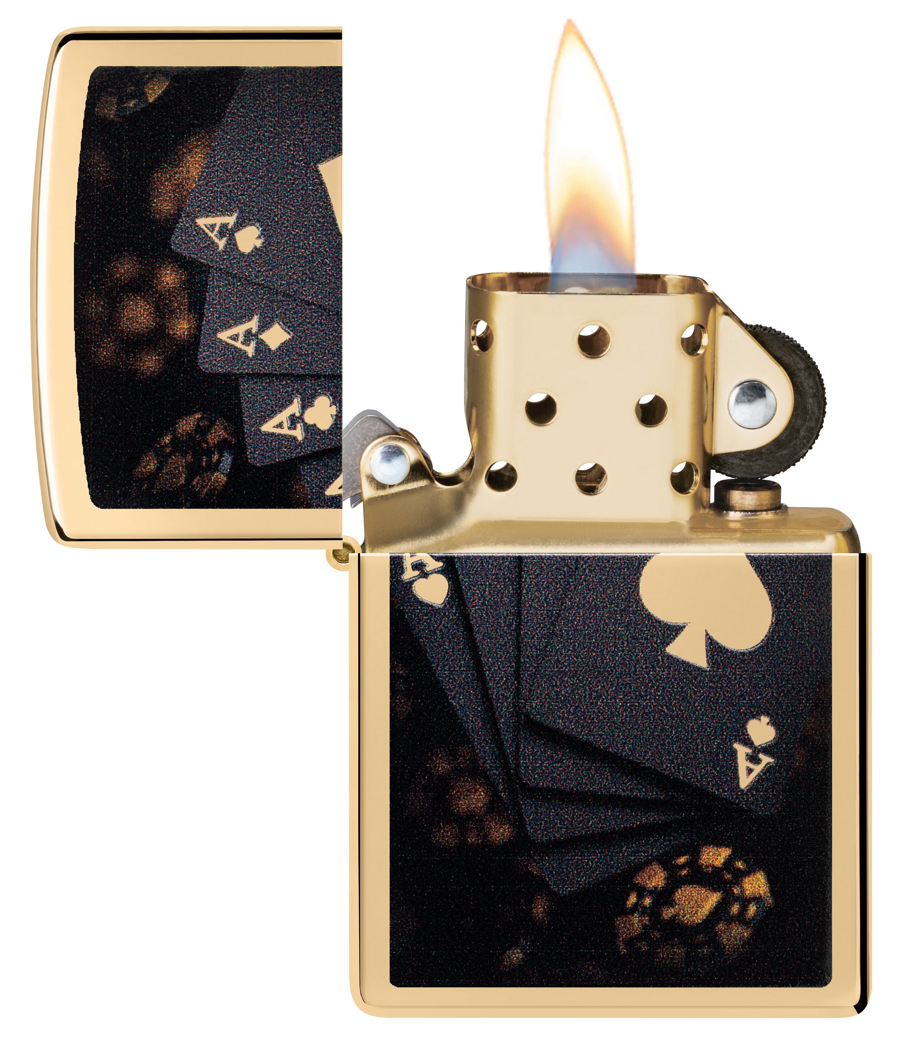Zippo Lucky Aces Design High Polish Brass with its lid open and lit.