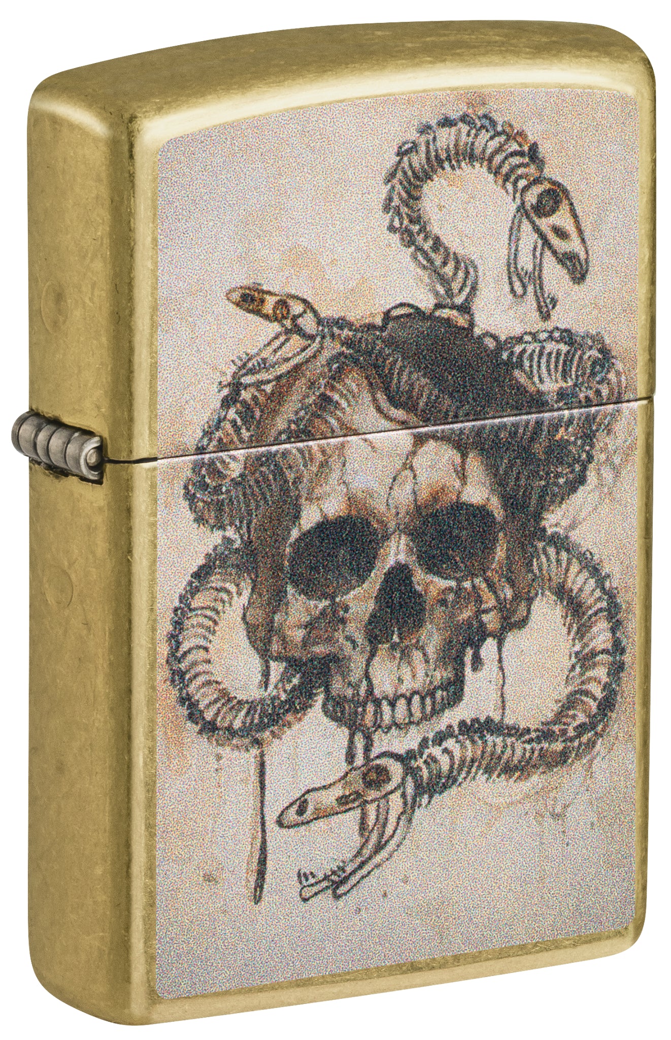 Front shot of Zippo Skull and Snakebones Design Street Brass Windproof Lighter standing at a 3/4 angle.