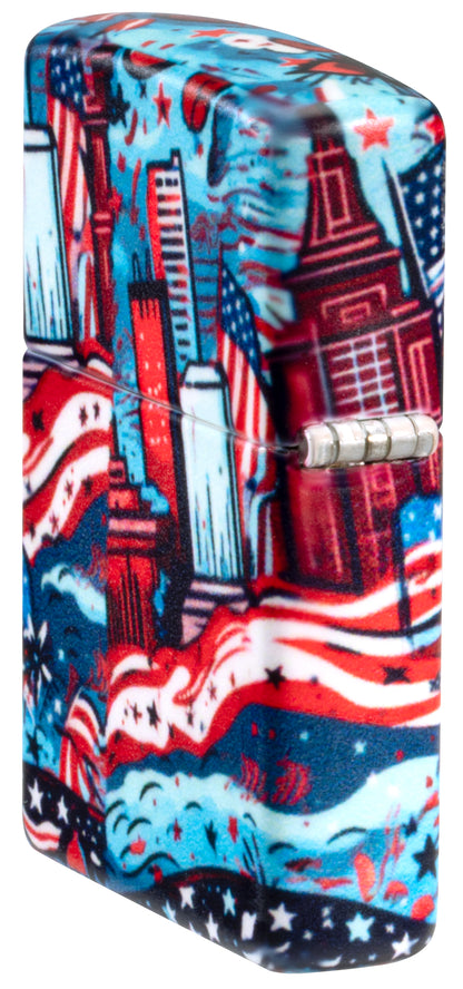 Angled shot of  Zippo Lady Liberty Design 540 Matte Windproof Lighter showing the back and hinge side of the lighter.