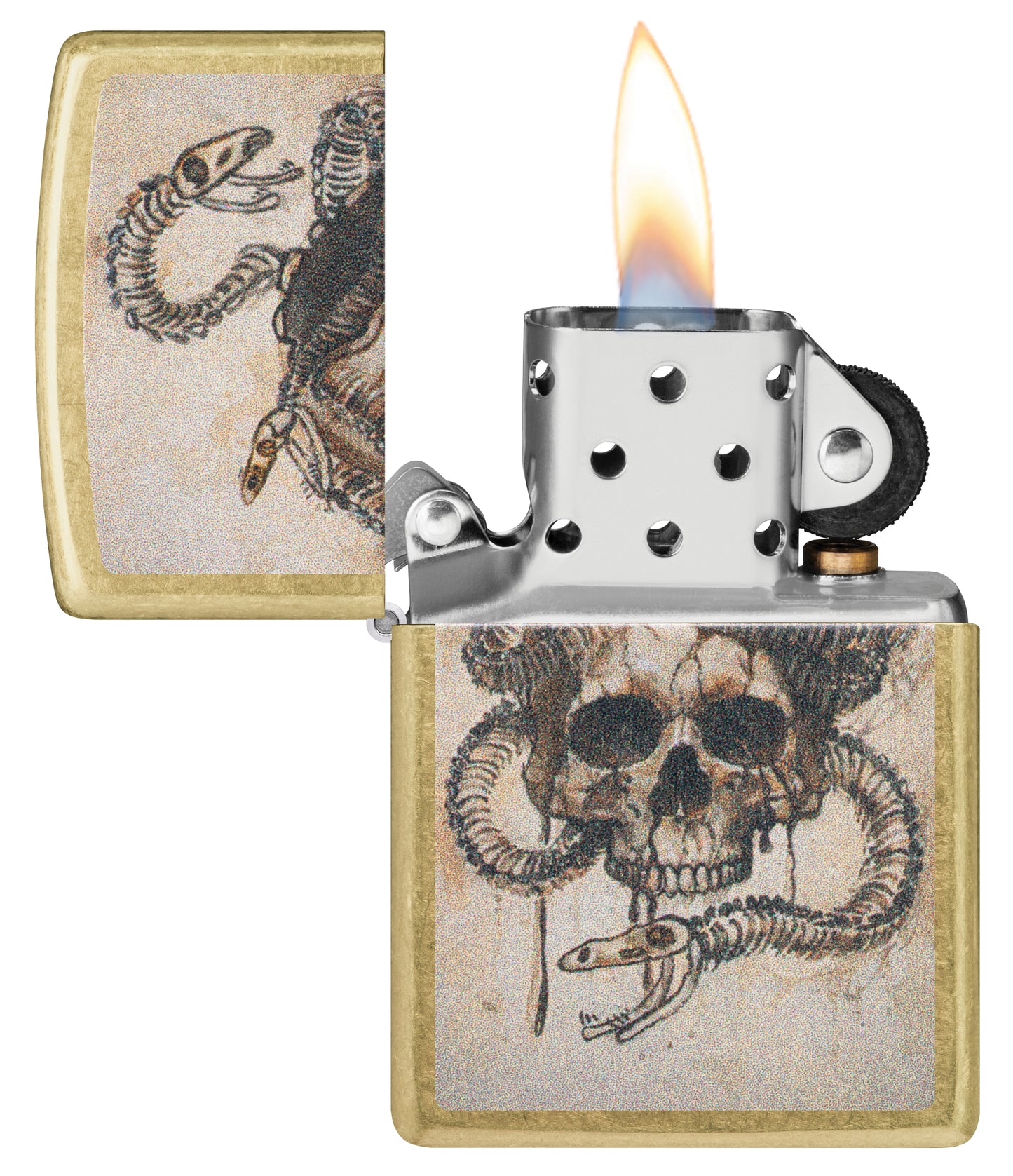 Zippo Skull and Snakebones Design Street Brass Windproof Lighter with its lid open and lit.