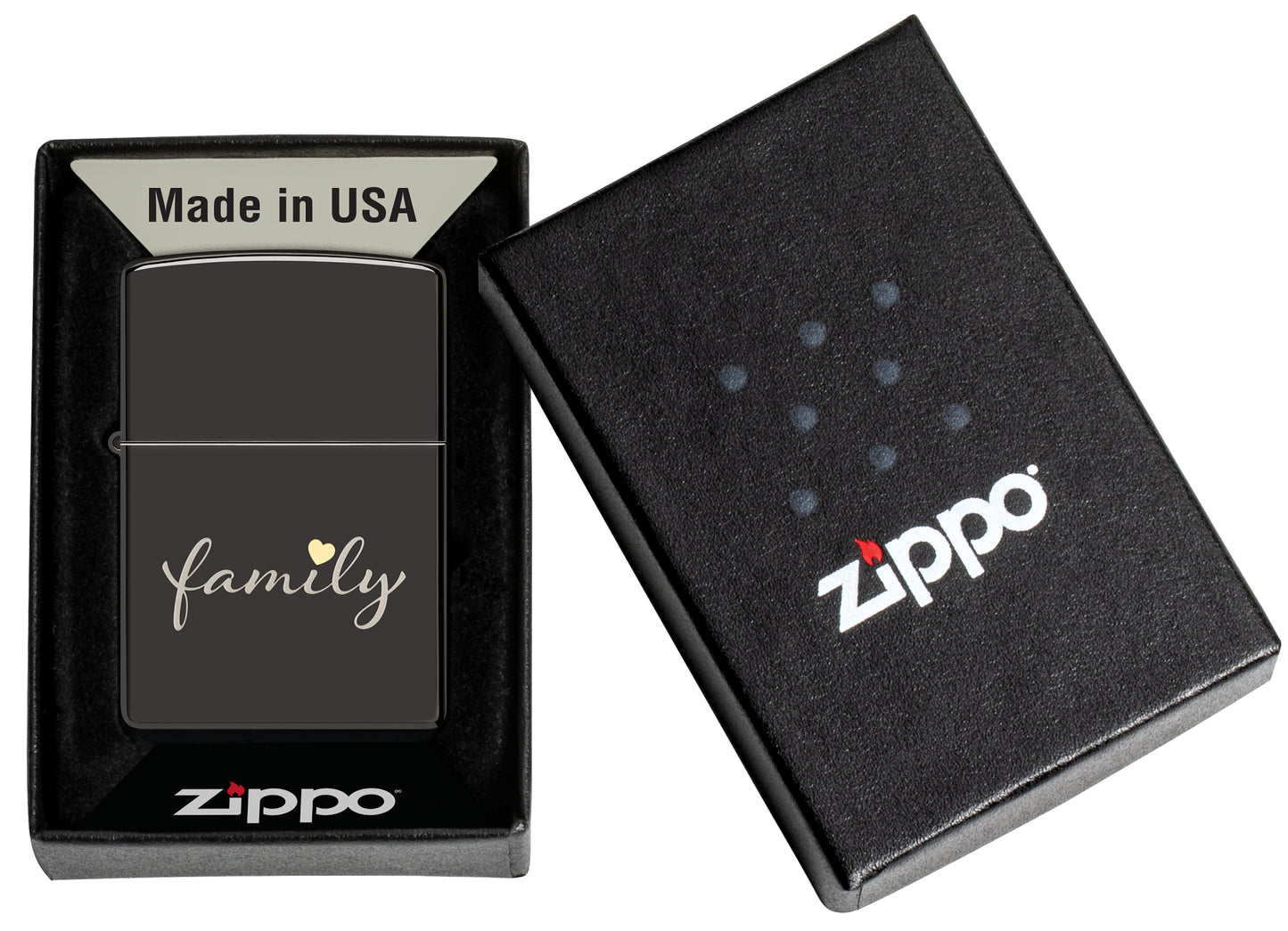 Zippo Family Design High Polish Black Windproof Lighter in its packaging.