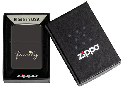 Zippo Family Design High Polish Black Windproof Lighter in its packaging.