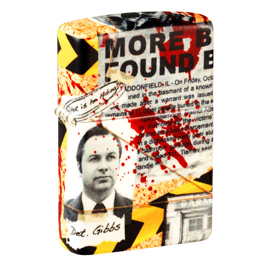 Front shot of Zippo Murder Mystery Design 540 Matte Windproof Lighter standing at a 3/4 angle.