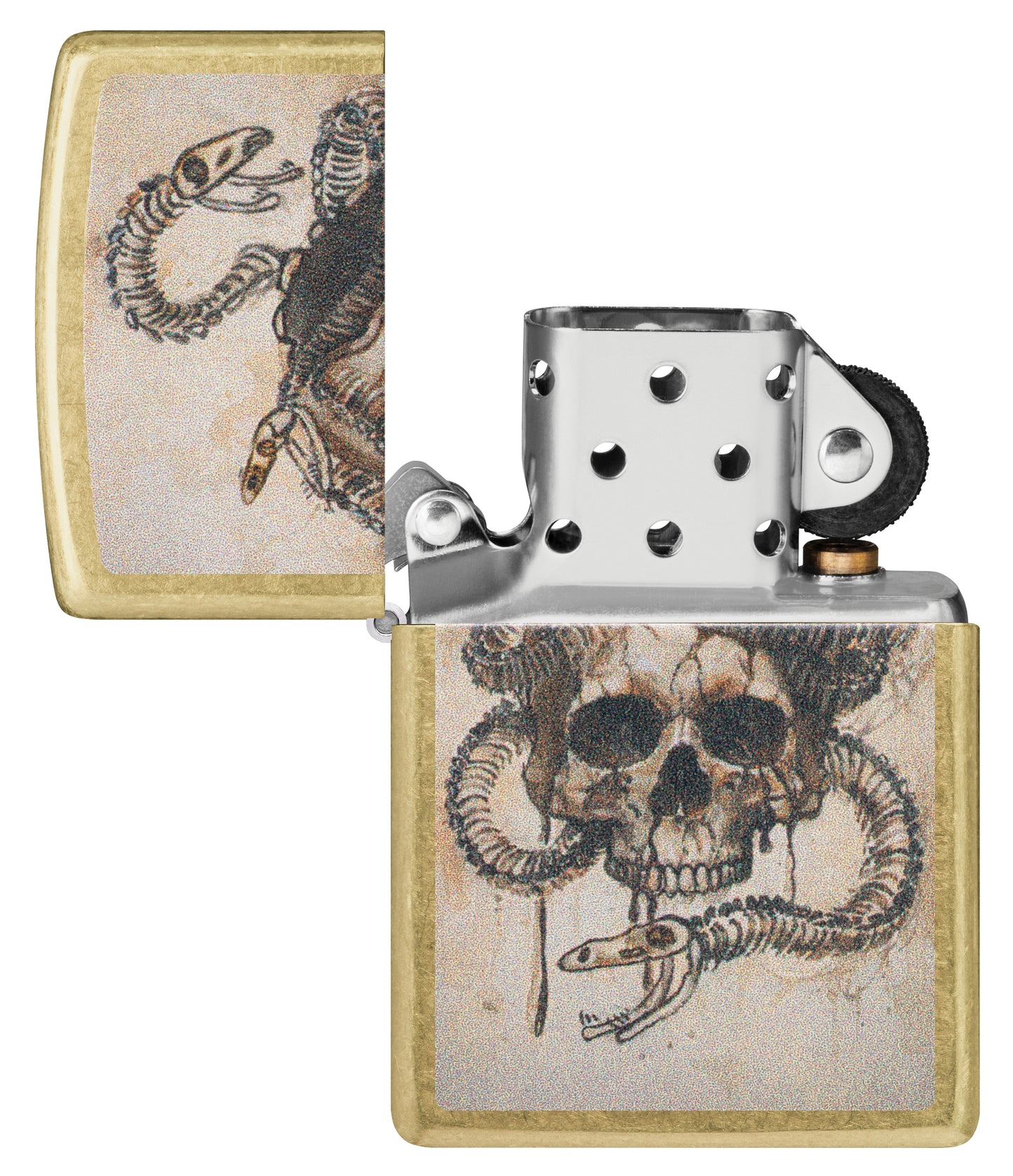 Zippo Skull and Snakebones Design Street Brass Windproof Lighter with its lid open and unlit.