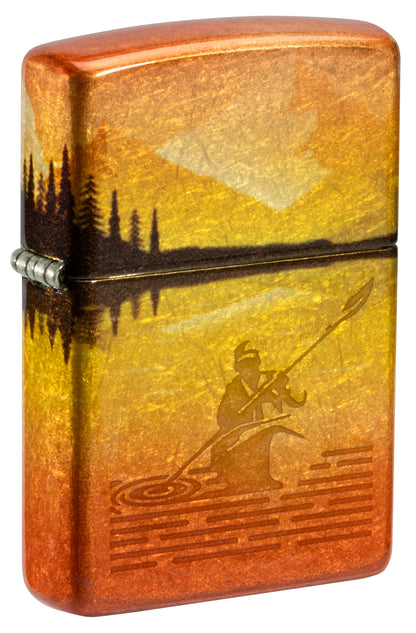 Front shot of Zippo Fishing Fusion Design 540 Tumbled Brass Windproof Lighter standing at a 3/4 angle.