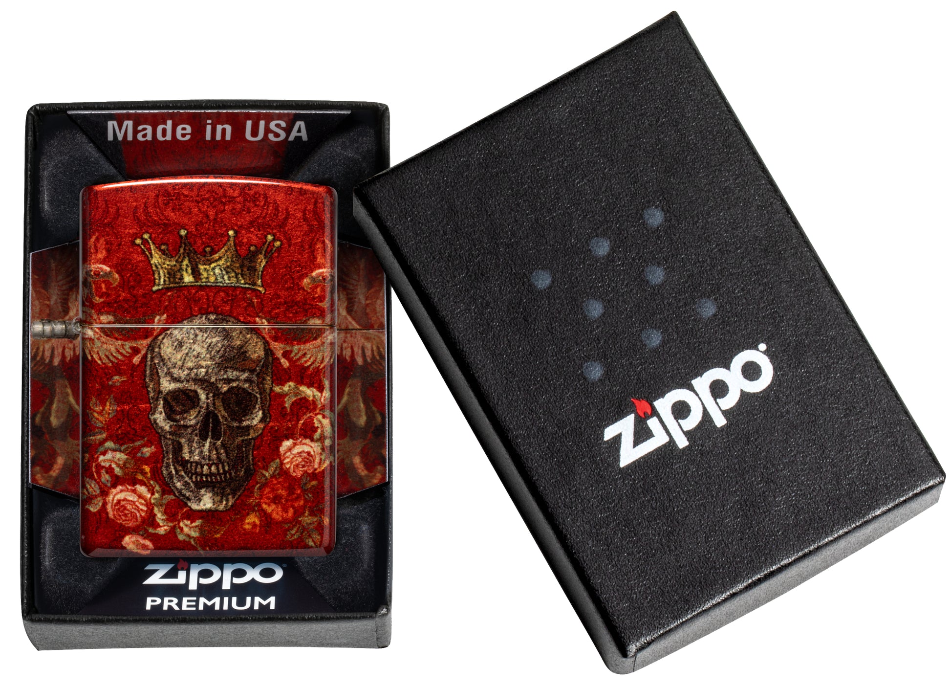 Zippo Skull Heraldry Design Tumbled Brass Windproof Lighter in its packaging.