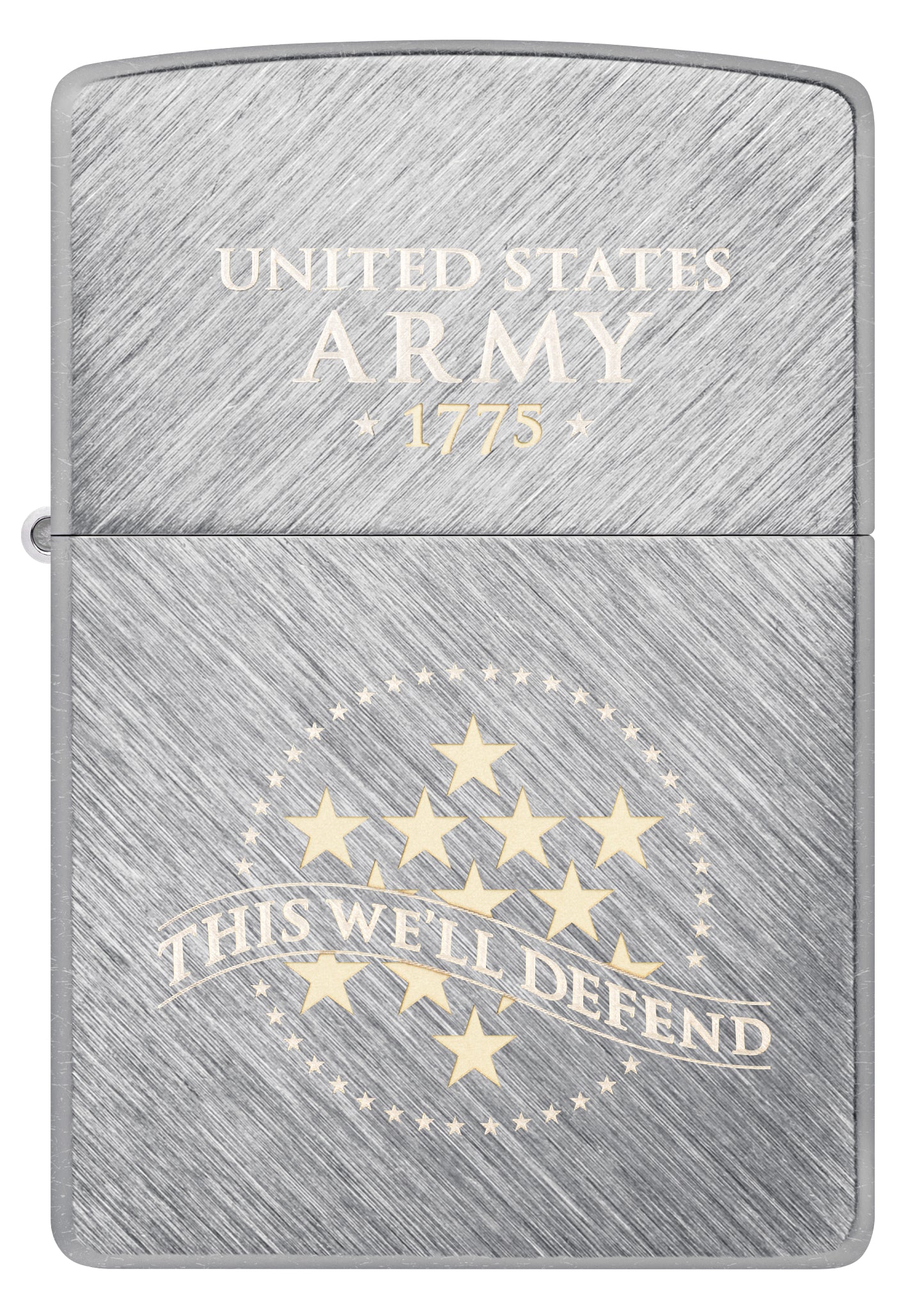 Front view of Zippo U.S. Army® This We'll Defend Design Herringbone Sweep Windproof Lighter.