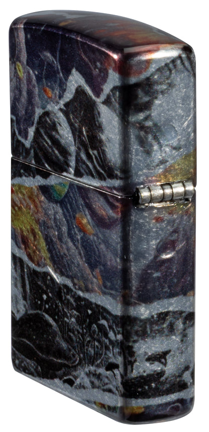 Angled shot of  Zippo Fusion Galaxy Design 540 Tumbled Chrome Windproof Lighter showing the back and hinge side of the lighter.