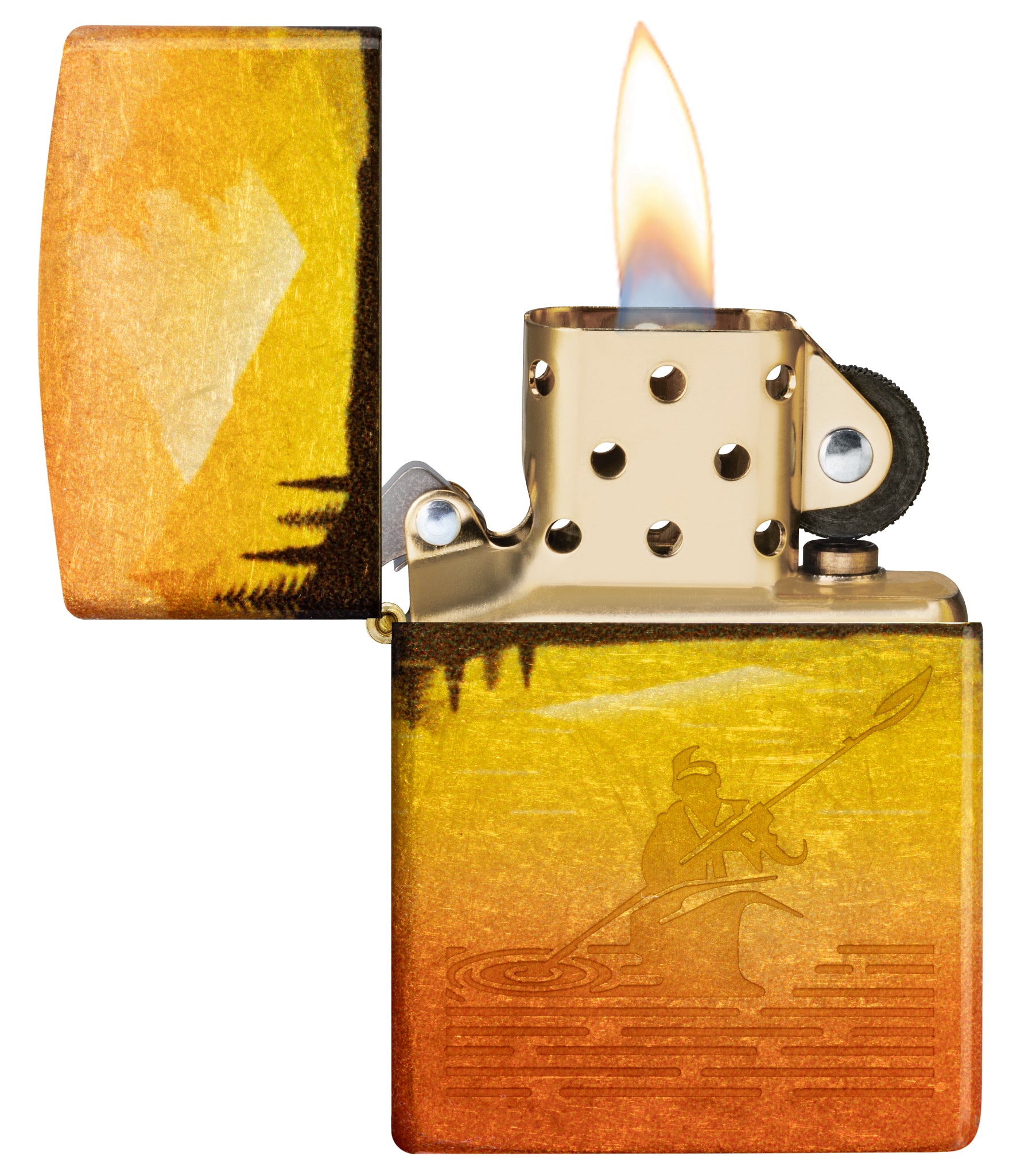 Zippo Fishing Fusion Design 540 Tumbled Brass Windproof Lighter with its lid open and lit.