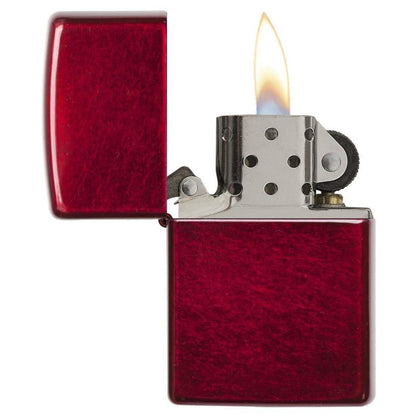 Classic Candy Apple Red™ Windproof Lighter with its lid open and lit