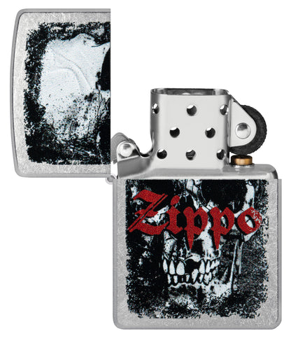 Zippo Skull Design Street Chrome Windproof Lighter with its lid open and unlit.