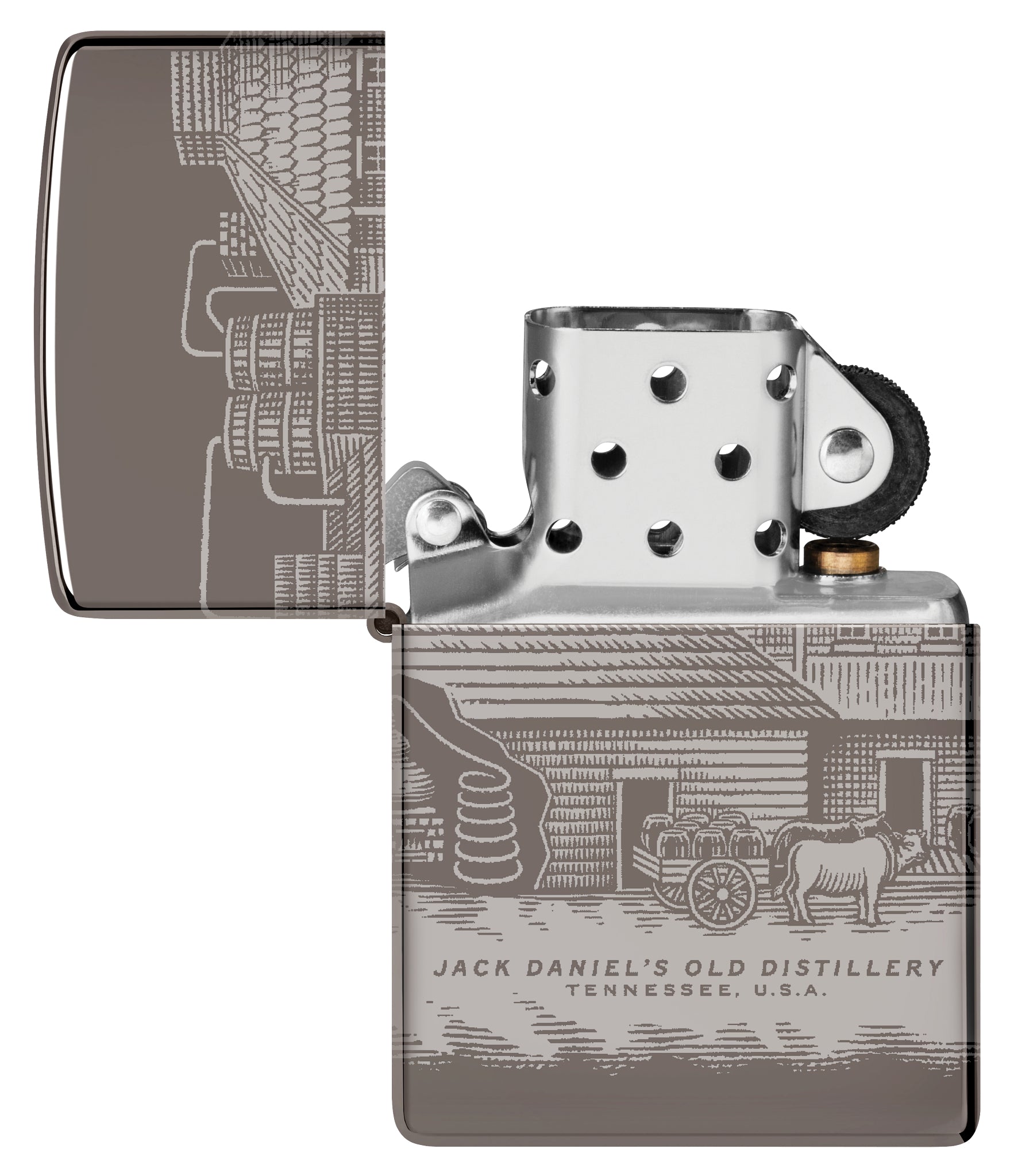 Zippo Jack Daniel's® Distillery Design Black Ice® Windproof Lighter with its lid open and unlit.
