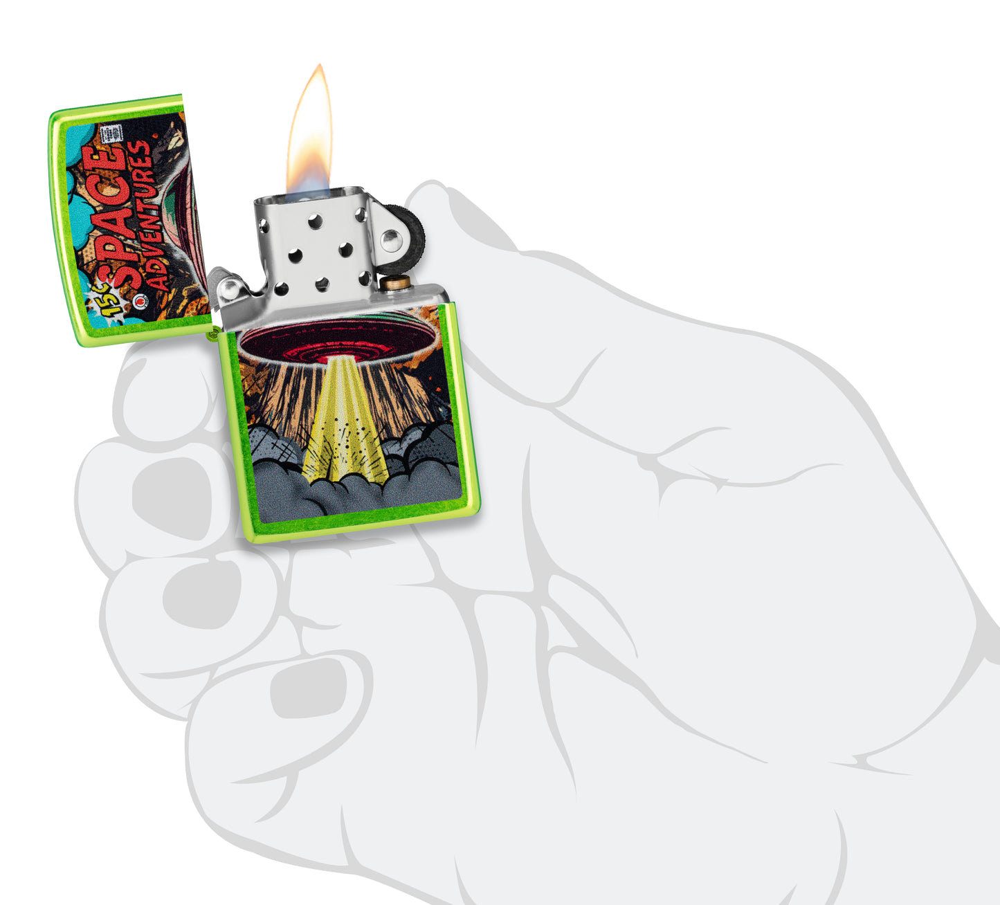 Zippo Space Adventures Design Classic Lurid Windproof Lighter lit in hand.