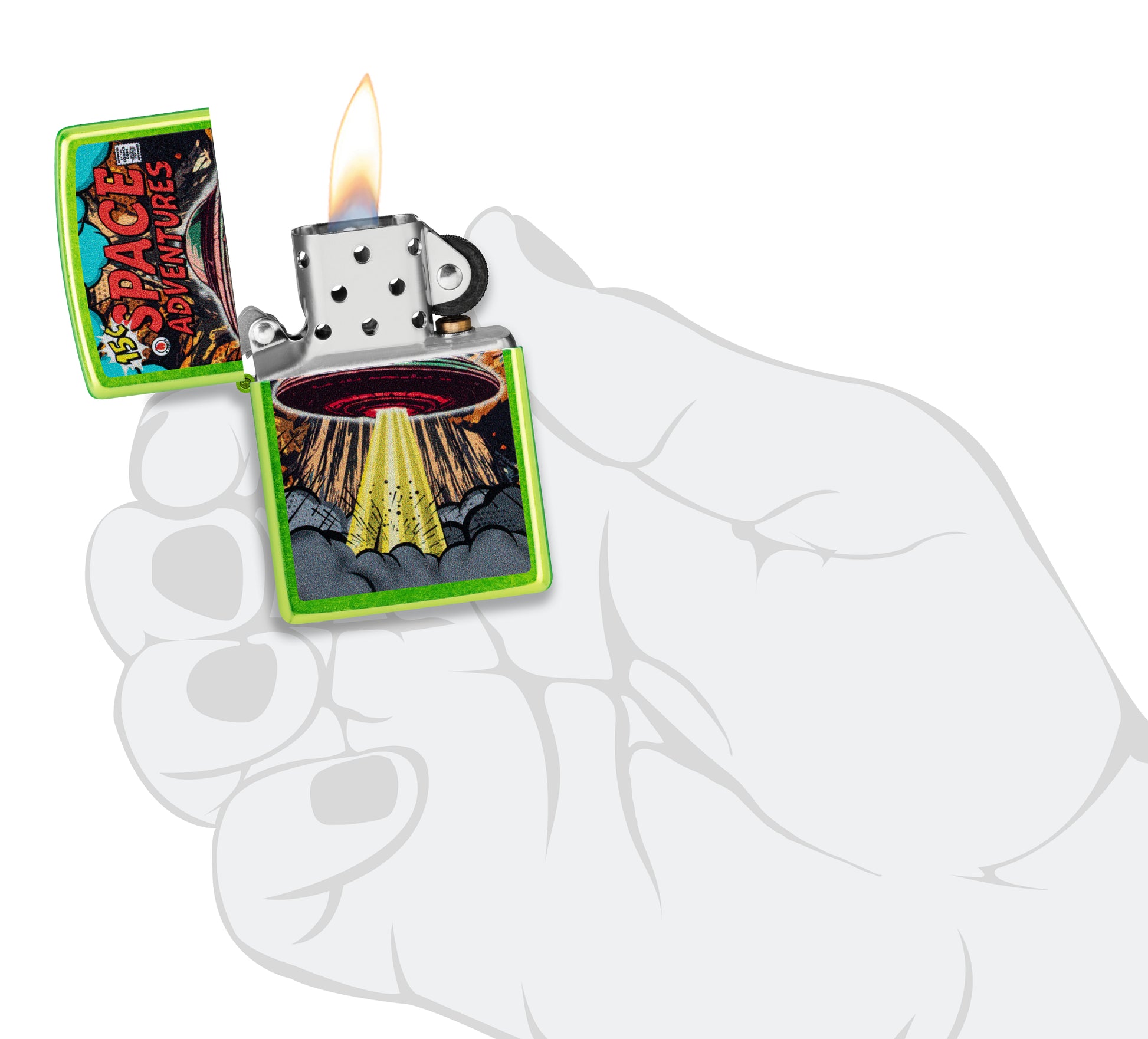 Zippo Space Adventures Design Classic Lurid Windproof Lighter lit in hand.