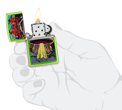 Zippo Space Adventures Design Classic Lurid Windproof Lighter lit in hand.