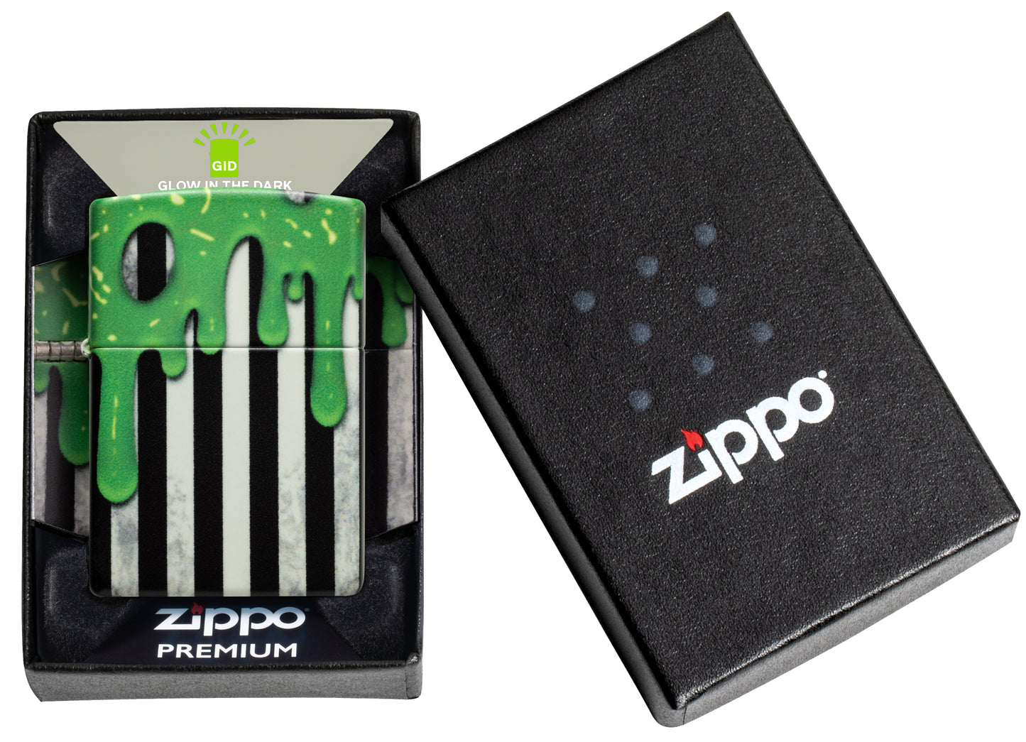 Zippo Glowing Goo Design Glow-in-the-Dark Green Windproof Lighter in its packaging.