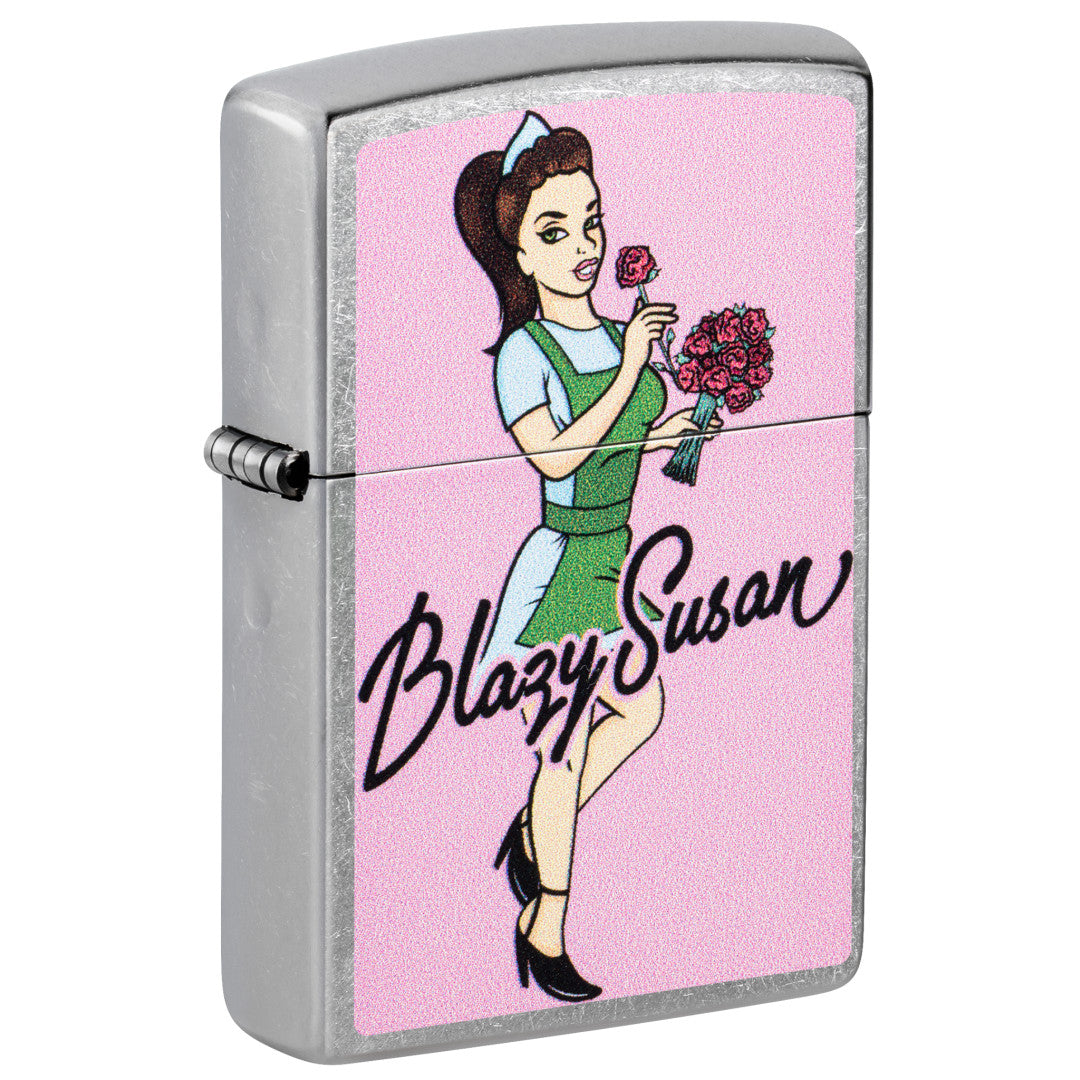Front shot of Zippo Blazy Susan Bouquet Design Street Chrome Windproof Lighter standing at a 3/4 angle.