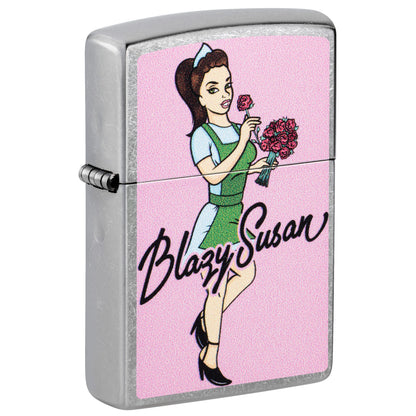 Front shot of Zippo Blazy Susan Bouquet Design Street Chrome Windproof Lighter standing at a 3/4 angle.