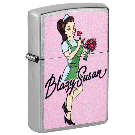 Front shot of Zippo Blazy Susan Bouquet Design Street Chrome Windproof Lighter standing at a 3/4 angle.
