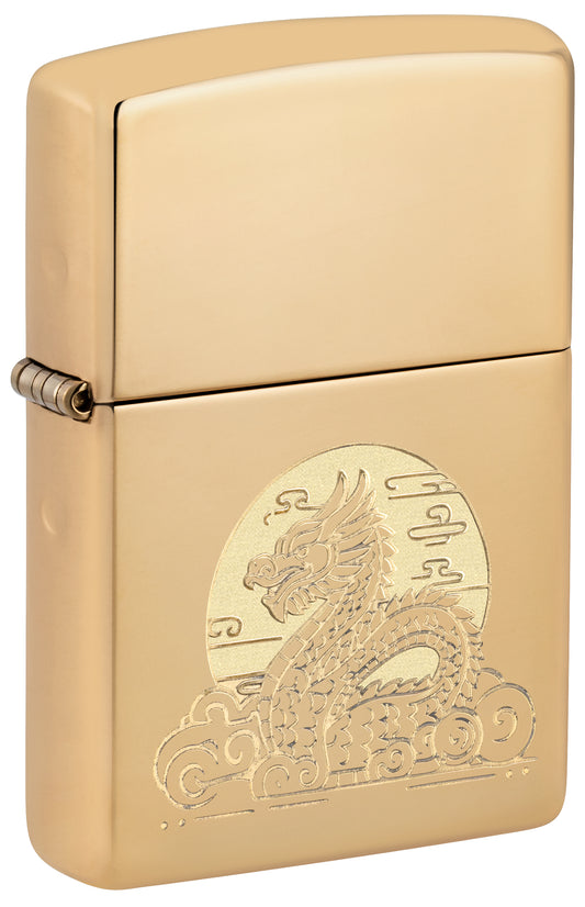 Front shot of Zippo Moon Dragon Design High Polish Brass Windproof Lighter standing at a 3/4 angle.