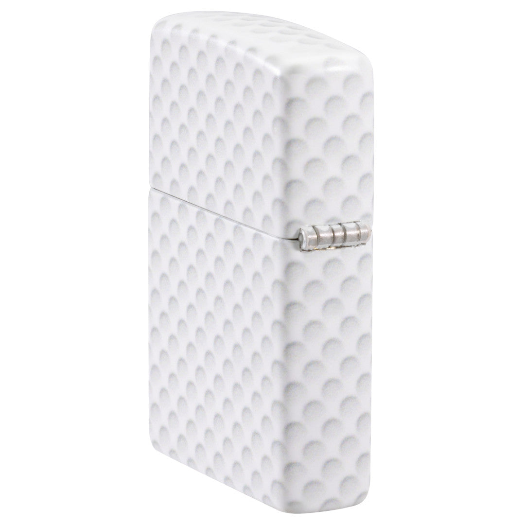 Angled shot of  Zippo Golf Ball Design 540 Matte Windproof Lighter showing the back and hinge sides of the lighter.