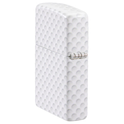 Angled shot of  Zippo Golf Ball Design 540 Matte Windproof Lighter showing the back and hinge sides of the lighter.
