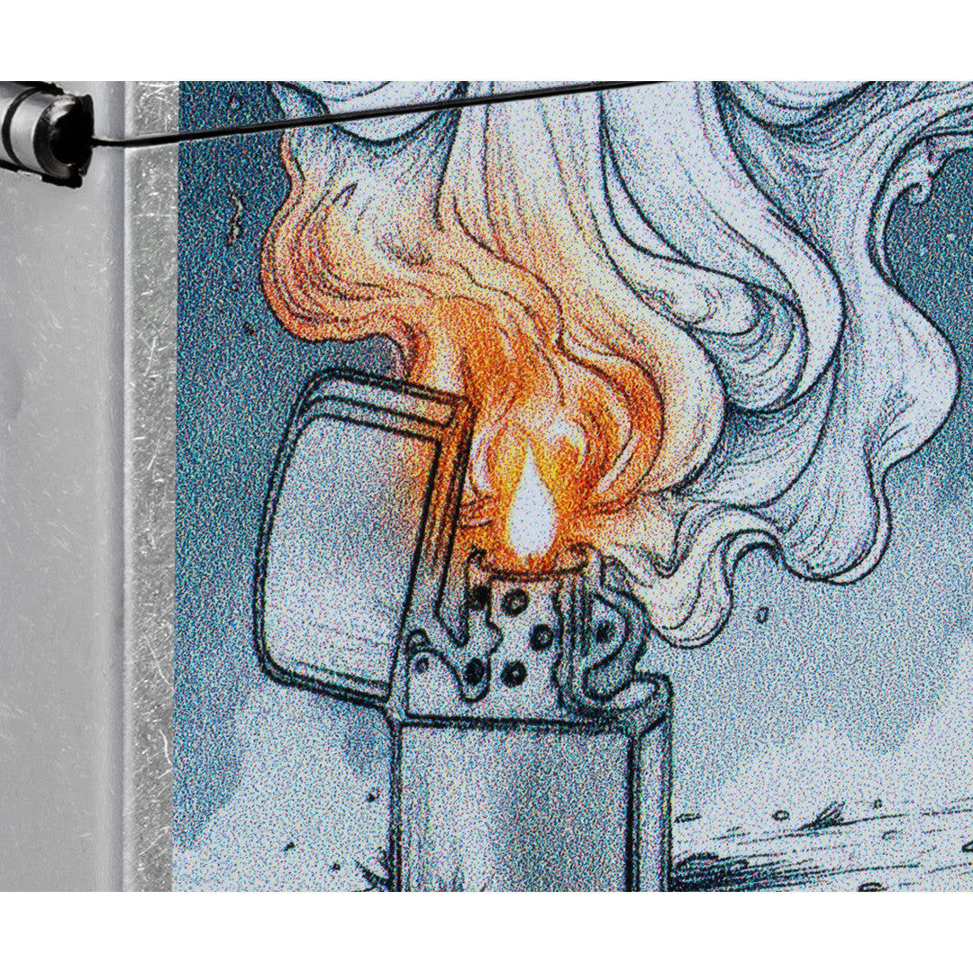 Front view of Zippo Spooky Spark Design Street Chrome Windproof Lighter close up to show the detail of the lighter.