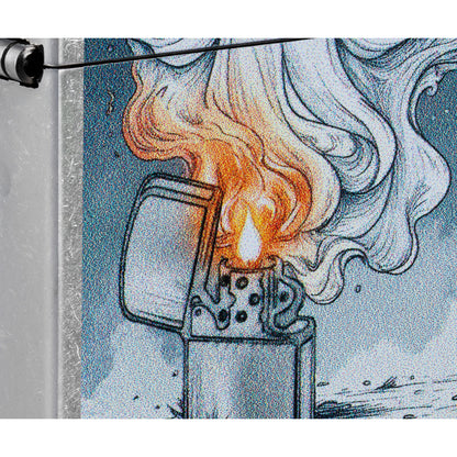Front view of Zippo Spooky Spark Design Street Chrome Windproof Lighter close up to show the detail of the lighter.