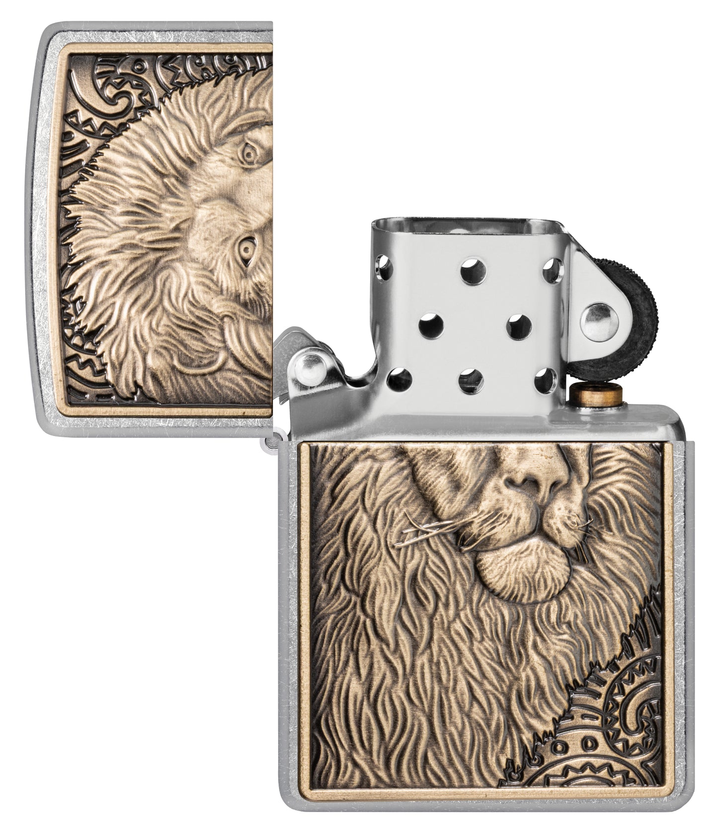 Zippo Lion Emblem Street Chrome Windproof Lighter with its lid open and unlit.