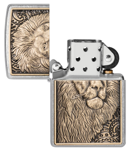Zippo Lion Emblem Street Chrome Windproof Lighter with its lid open and unlit.
