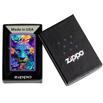 Zippo Groovy Leopard Design Purple Matte Windproof Lighter in its packaging.