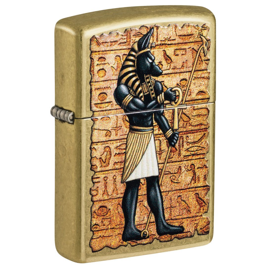Front shot of Zippo Guardian of Tombs Design Street Brass Windproof Lighter standing at a 3/4 angle.
