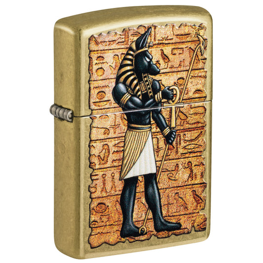 Front shot of Zippo Guardian of Tombs Design Street Brass Windproof Lighter standing at a 3/4 angle.