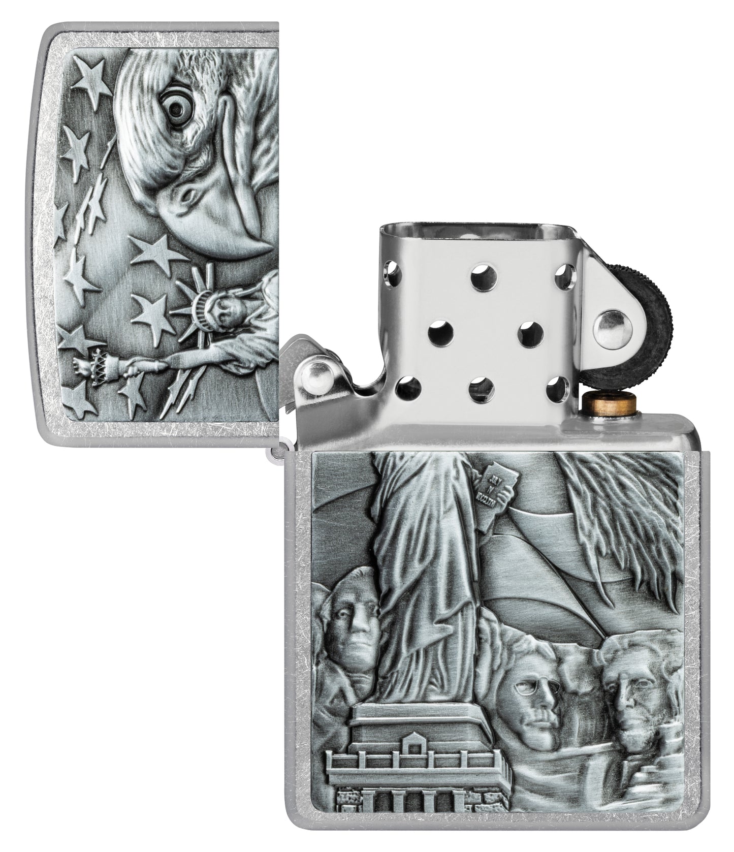 Zippo American Icons Emblem Street Chrome Windproof Lighter with its lid open and unlit.