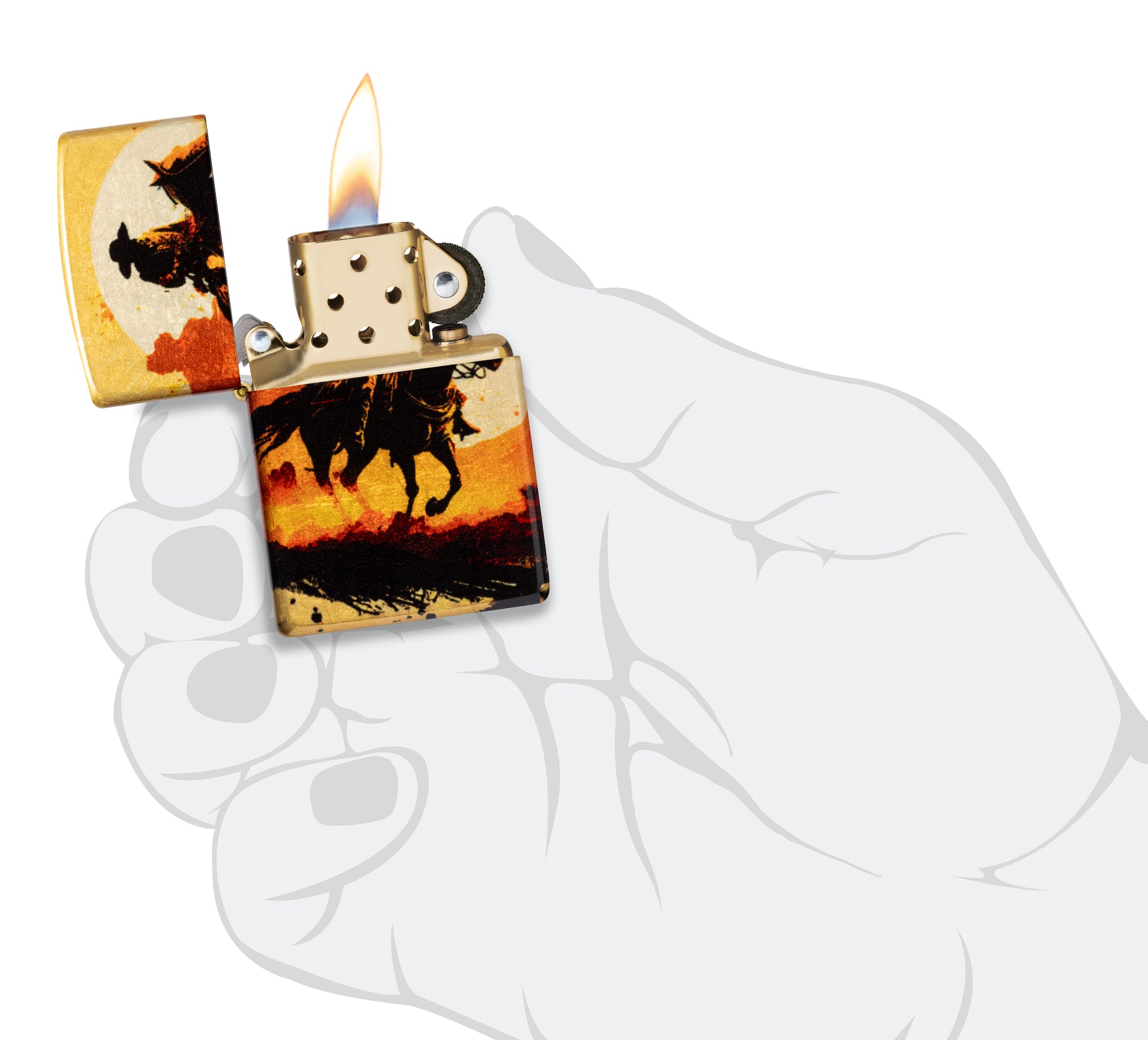 Zippo Racing Wrangler Design 540 Tumbled Brass Windproof Lighter lit in hand.