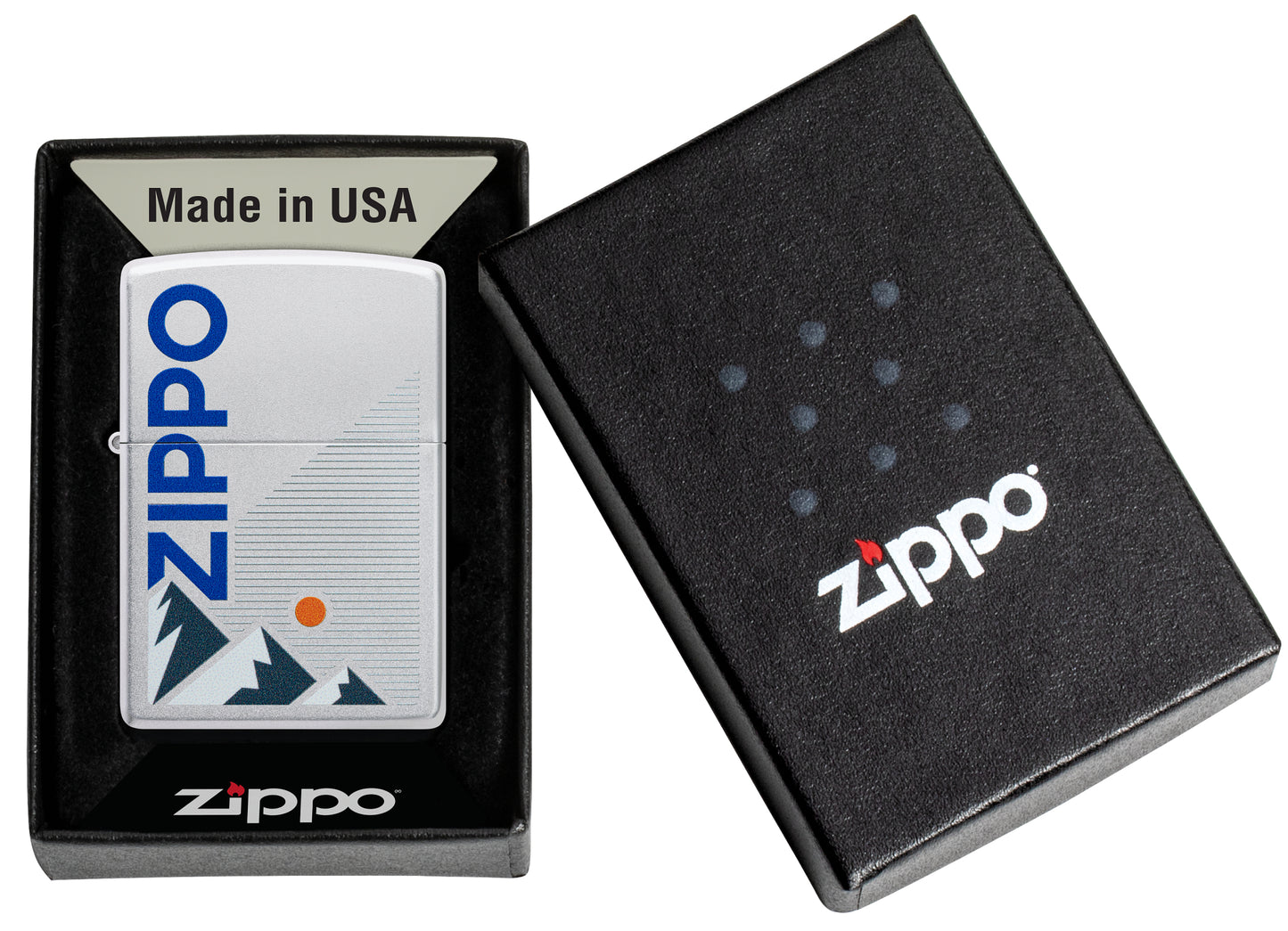 Zippo Mountain Design Satin Chrome Windproof Lighter in its packaging.