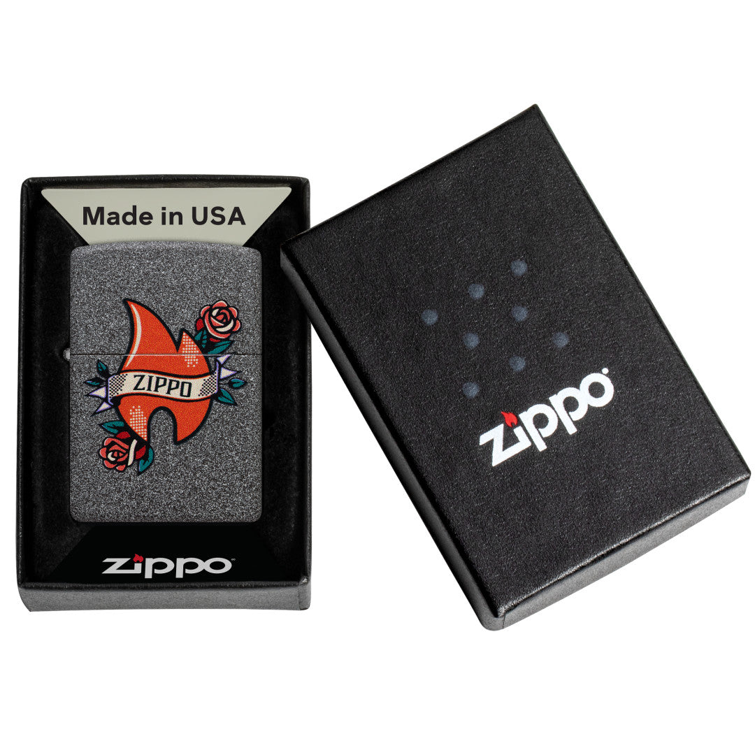 Zippo Flame Tattoo Design Iron Stone Windproof Lighter in its packaging.