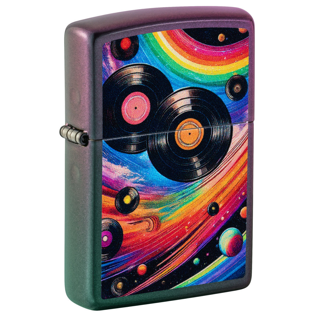 Front shot of Zippo Rainbow Records Design Iridescent Windproof Lighter standing at a 3/4 angle.