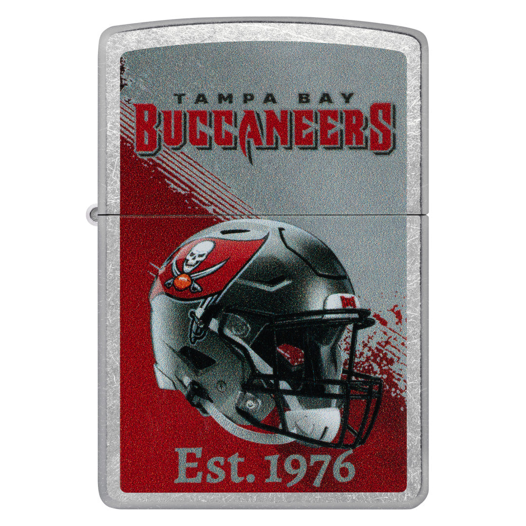 Front view of Zippo NFL Tampa Bay Buccaneers Helmet Design Street Chrome Windproof Lighter.