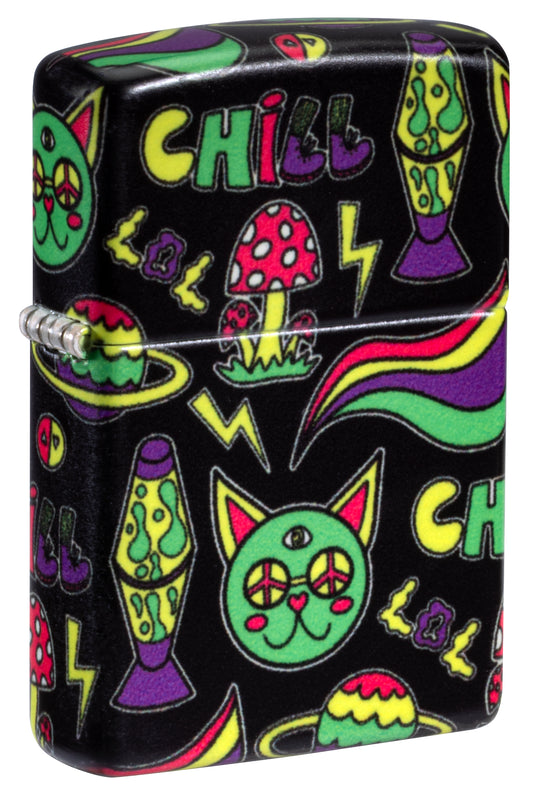 Front shot of Zippo Glowing Chill Design Glow-in-the-Dark Green Windproof Lighter standing at a 3/4 angle.