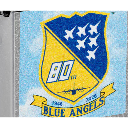 Front view of Zippo United States Navy® Blue Angels Design Street Chrome Windproof Lighter close up to show the detail of the lighter.