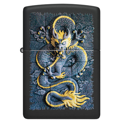 Front view of Zippo Stone Dragon Design Black Matte Windproof Lighter.