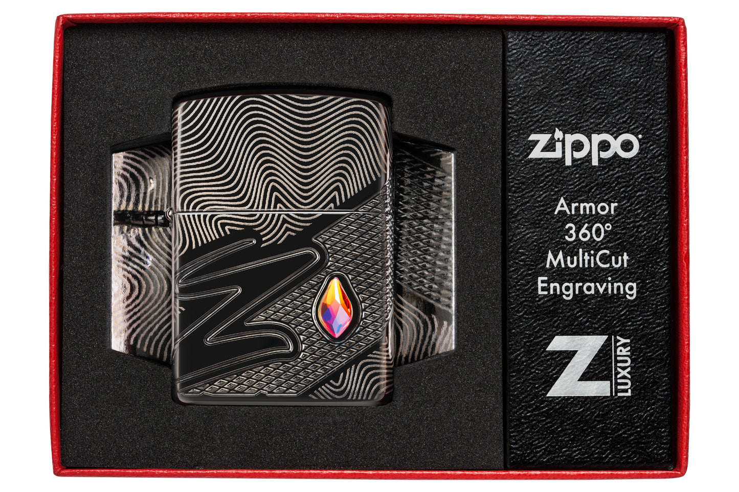 Zippo Z Crystal Design Armor® High Polish Black Windproof Lighter in its packaging.