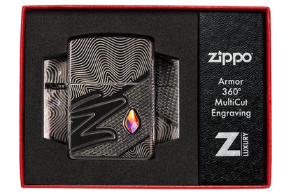 Zippo Z Crystal Design Armor® High Polish Black Windproof Lighter in its packaging.