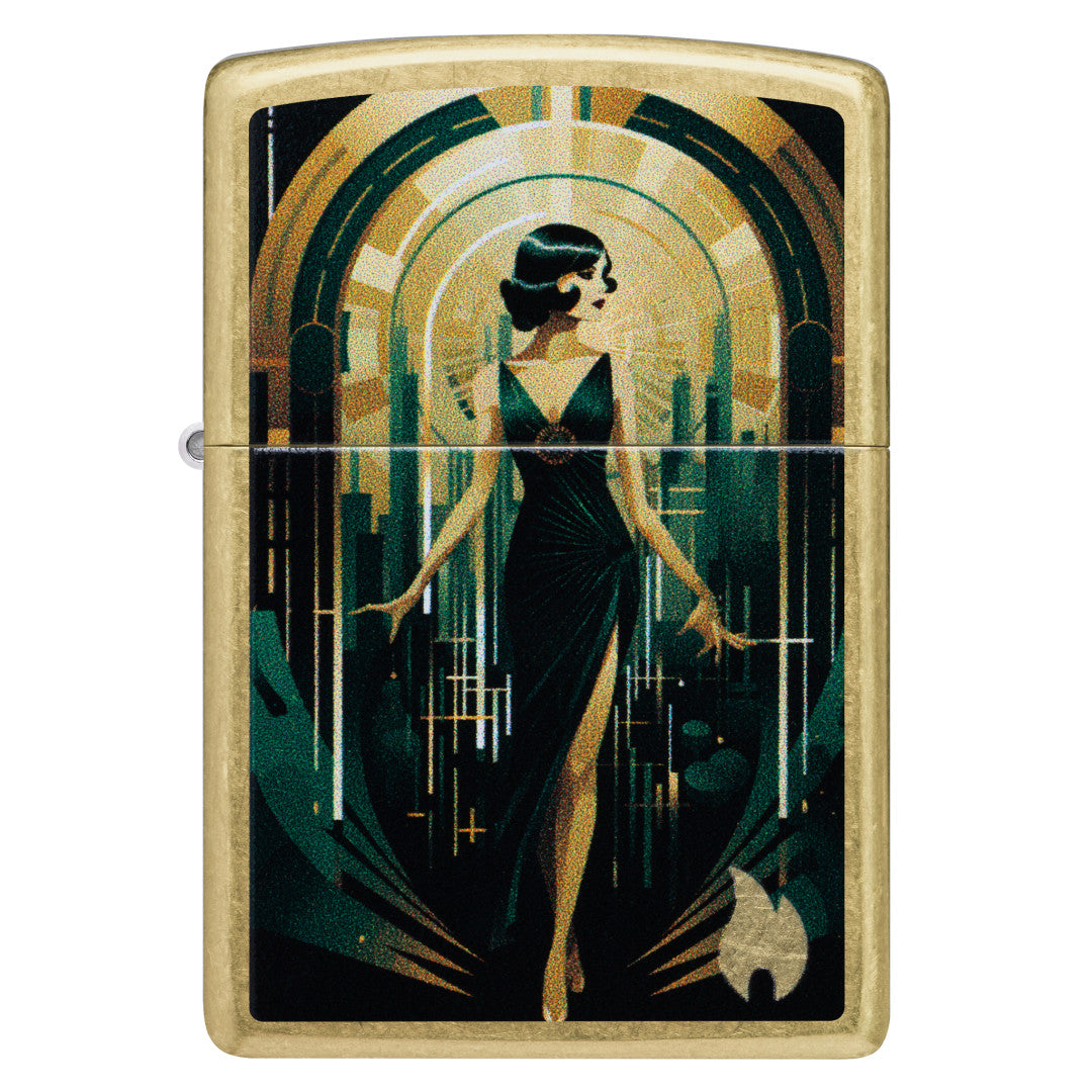 Front view of Zippo Fancy Flapper Design Street Brass Windproof Lighter.