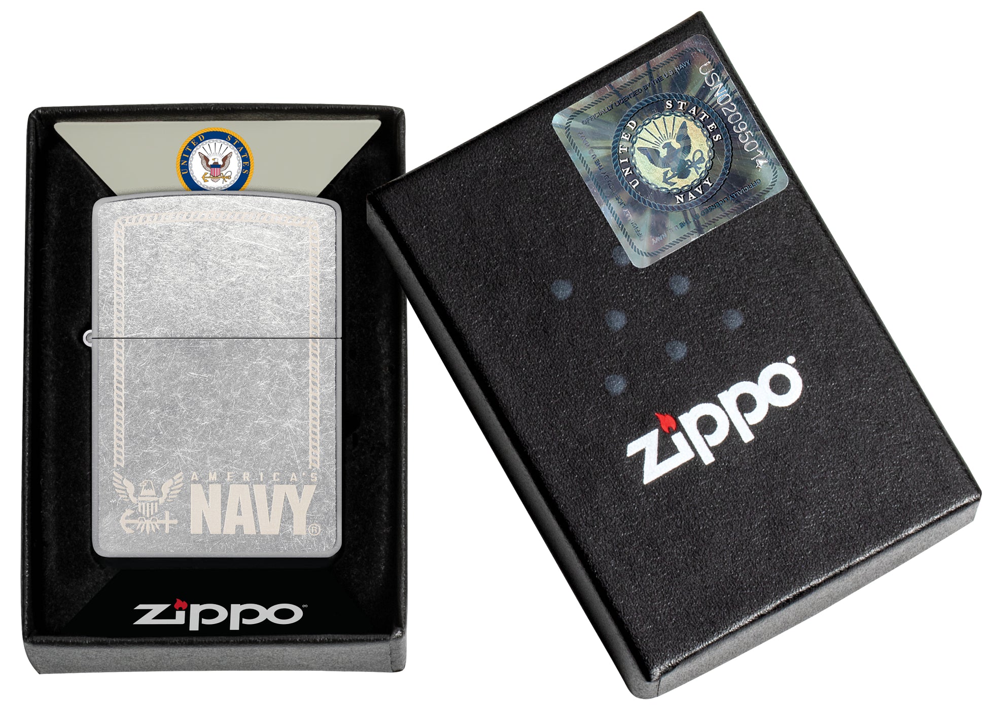 Zippo United States Navy® America's Navy Design Street Chrome Windproof Lighter in its packaging.