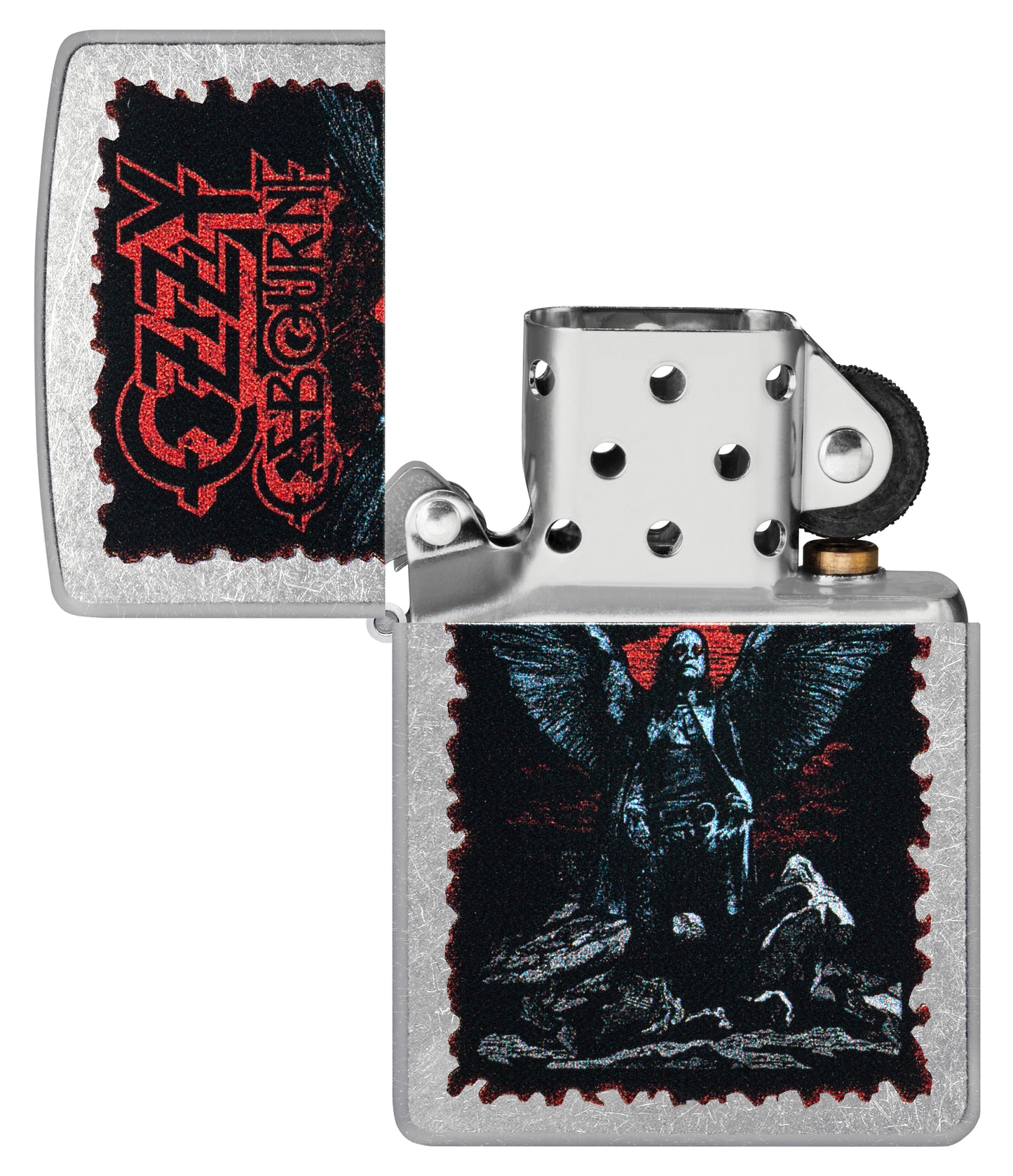 Zippo Ozzy Osbourne Angel Wings Design Street Chrome Windproof Lighter with its lid open and unlit.