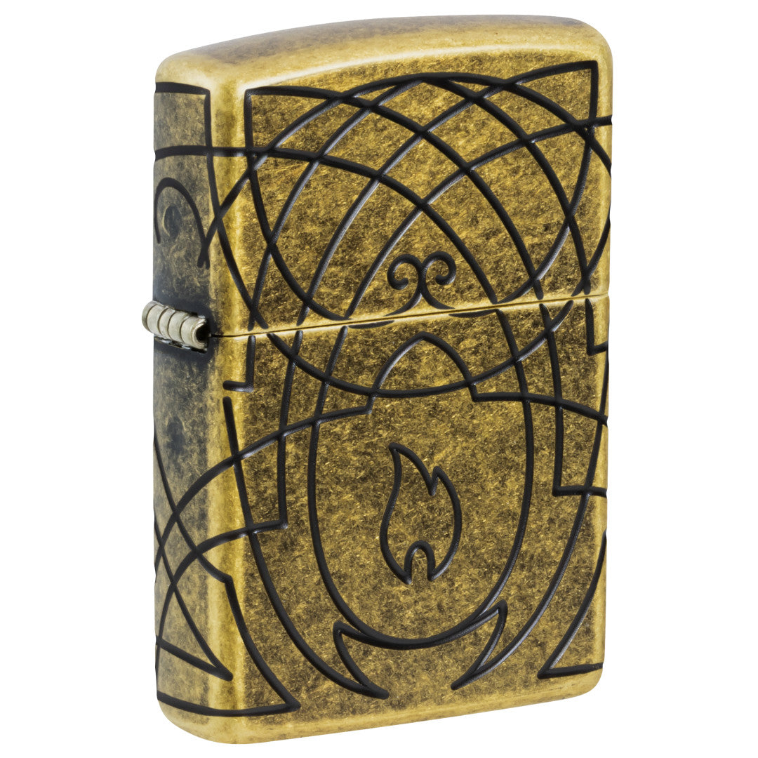 Front shot of Zippo Celtic Flame Design Armor® Antique Brass Windproof Lighter standing at a 3/4 angle.
