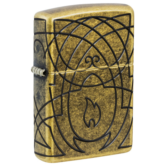 Front shot of Zippo Celtic Flame Design Armor® Antique Brass Windproof Lighter standing at a 3/4 angle.