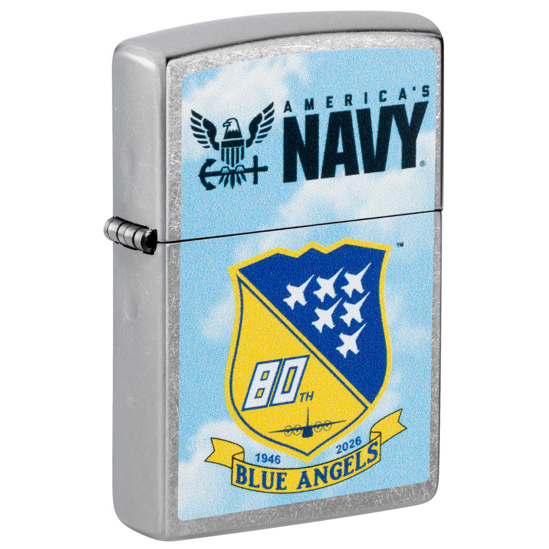 Front shot of Zippo United States Navy® Blue Angels Design Street Chrome Windproof Lighter standing at a 3/4 angle.
